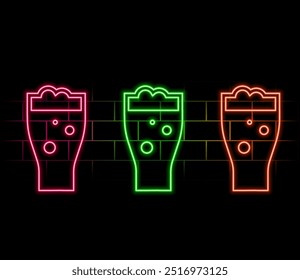 Cocktail collection logos in neon style. Collection of neon signs, design template on the theme of drinks, quiet drinks. Bright advertising for cocktail bar, party, club. Vector illustration.