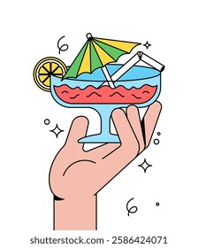 Cocktail with a colorful umbrella and lemon slice holding by one hand representing summer vibes and relaxation in cartoon hand drawn vector illustration