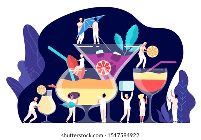 Cocktail concept. Tiny people, bartenders make cocktails, tropical beverages. Trendy restaurant drinks, drinking time vector clipart