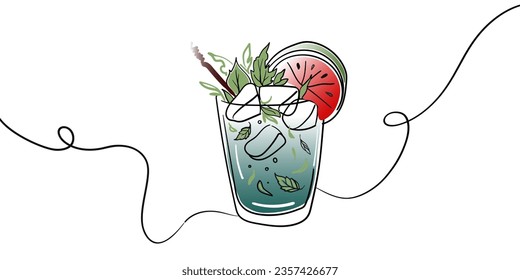 Cocktail continuous line art drawing on white background. Summer drinks outline. Drinks for cafe or bar menu vector illustration
