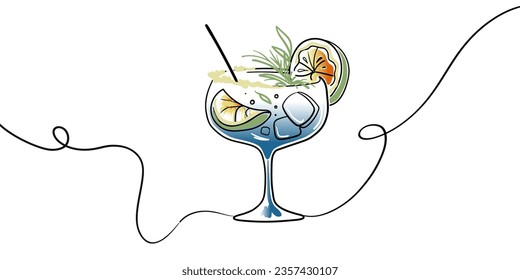 Cocktail continuous line art drawing on white background. Summer drinks outline. Drinks for cafe or bar menu vector illustration
