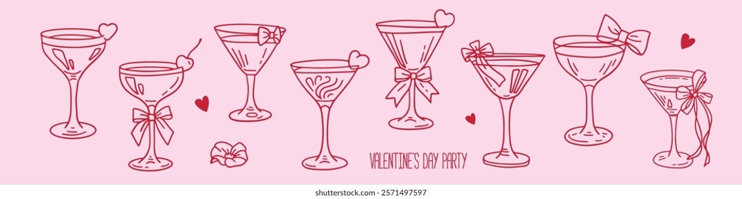 Cocktail coquette clipart set. Cute y2k aesthetic glasses with crafts bows, pink ribbon. Decoration valentine party elements. Linear hand drawn vector illustration,