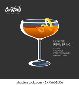 Cocktail Corpse Reviver No. 1 on black background. Alcoholic drink with orange twist vector illustration