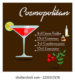 Cocktail Cosmopolitan with cranberry and bottles of alcohol. Vector illustrator. Flat style