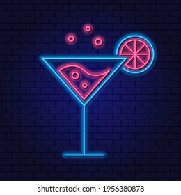 Cocktail Cosmopolitan Neon Design Element. Cocktail with lime, lemon. Party concept. Glowing Vector illustration of Drinks promotion.