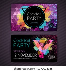 Cocktail cosmopolitan on artistic polygon watercolor background. Cocktail disco party poster