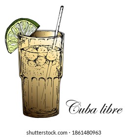 Cocktail "Cuba Libre". Alcoholic cocktail with a slice of lime. Vector illustration. Hand drawn.