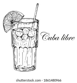 Cocktail "Cuba Libre". Alcoholic cocktail with a slice of lime. Vector illustration. Hand drawn.