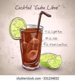 Cocktail Cuba Libre with lime and Cola, low-alcohol drink