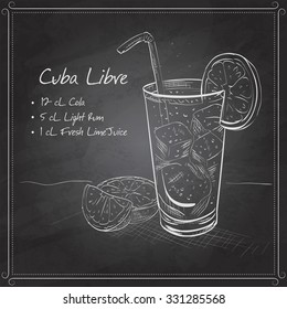 Cocktail Cuba Libre with lime and Cola, low-alcohol drink on black board