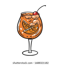 Cocktail with cube ice, orange and cherry. Hand drawn flat style. Cartoon vector illustration. Isolated on white background. Design for sign, template, banner, poster, card, t-shirt, blog and web.