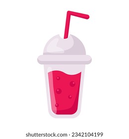 Cocktail in cup with straw vector illustration. Cartoon drawing of plastic cup with fresh strawberry drink for summer isolated on white background. Desserts, refreshment concept