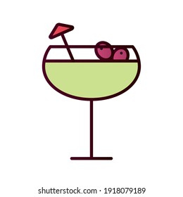 cocktail cup with umbrella and cherries line and fill icon vector illustration design