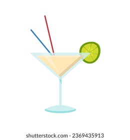 Cocktail Daiquiri, in glass vector illustration. Cartoon isolated cup with summer alcohol drink, drinking straw and lime or lemon, tropical fresh beverage for beach pool party in bar.