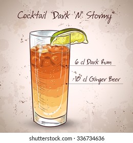 Cocktail Dark 'N' Stormy mixed drink with Dark rum, ginger beer, ice cubes, lime