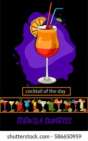 Cocktail of the day.Vector cocktails set isolated, Martini, Sex on the beach, Long Island Ice Tea, Margarita, Margarita Strawberry, Bloody Mary, Blue Lagoon, Cosmopolitan ,Tequila Sunrise, Manhattan