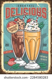 Cocktail delicious vintage flyer colorful with two glass milkshake with fruit and chocolate taste for summer beach party vector illustration