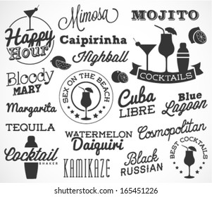 Cocktail Design Elements in Vintage Style. Calligraphic Labels and Badges. Vector Illustration.