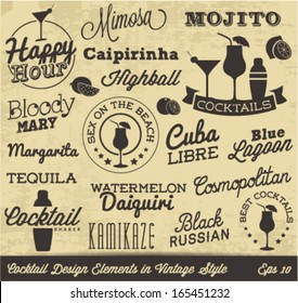 Cocktail Design Elements in Vintage Style. Calligraphic Labels and Badges. Vector Illustration.