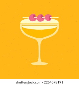 Cocktail dessert glass. Alcohol drink with raspberry and juice. Orange for bar and event. Flat vector illustration with texture. Simple retro alcohol drink poster