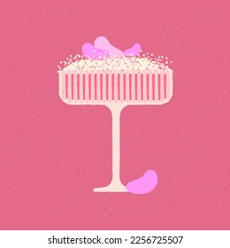 Cocktail dessert glass. Champagne drink with flower petal and sprinkles. Rose wine for wedding and celebration. Flat vector illustration with texture. Simple retro alcohol drink poster