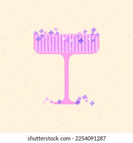 Cocktail dessert glass. Champagne glass with flowers. Holiday alcoholic drink glass for celebrations and weddings. Flat vector texture illustration. Retro simple poster