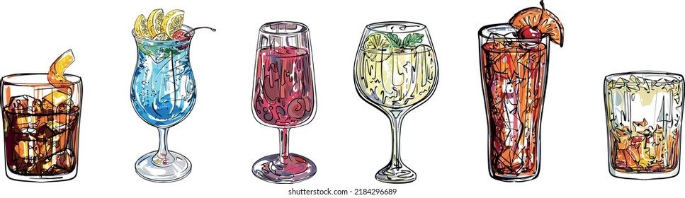 cocktail different glasses holiday party vector color hand-drawn birthday martini whiskey champagne