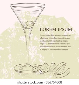 Cocktail Dirty Martini scetch mixed drink with Vodka, dry vermouth, olive juice, ice cubes, olives