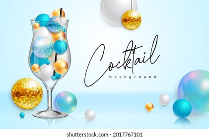 Cocktail disco party poster with 3d abstract spheres and golden disco ball. Cocktail background. Vector illustration