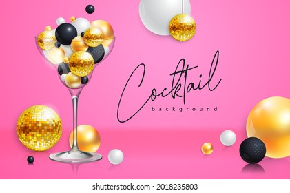 Cocktail disco party poster with 3d abstract spheres and golden disco ball. Cocktail background. Vector illustration