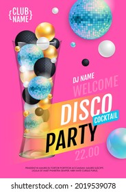 Cocktail disco party poster with 3d abstract spheres and blue disco ball. Vector illustration