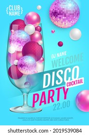 Cocktail disco party poster with 3d abstract spheres and pink disco ball. Vector illustration