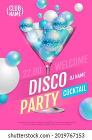 Cartel de una fiesta de discoteca de cócteles con esferas abstractas en 3d y bola disco azul. Ilustración del vector