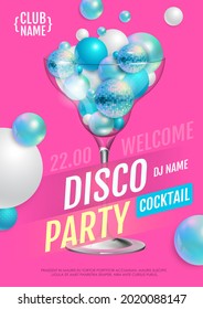 Cocktail disco party poster with 3d abstract spheres and blue disco ball. Vector illustration