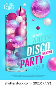 Cocktail disco party poster with 3d abstract spheres and pink disco ball. Vector illustration