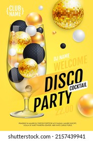 Cocktail disco party poster with 3d abstract spheres and golden disco ball. Vector illustration