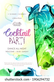 Cocktail disco party poster. Artistic mojito cocktail silhouette with alcohol ink texture.  Marble texture background