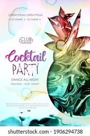 Cocktail disco party poster. Artistic pina colada cocktail silhouette with alcohol ink texture.  Marble texture background