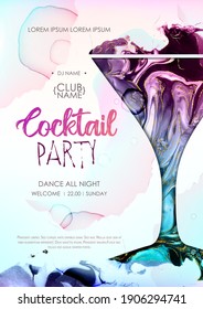 Cocktail disco party poster. Artistic cosmopolitan cocktail silhouette with alcohol ink texture.  Marble texture background