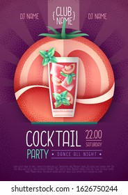 Cocktail disco party poster. Grainy texture vector illustration