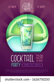 Cocktail disco party poster. Grainy texture vector illustration