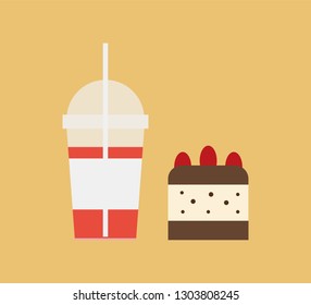 Cocktail in disposable cup with straw and sweet dessert isolated. Vector milkshake and piece of cake with chocolate and red berries, tasty food snack