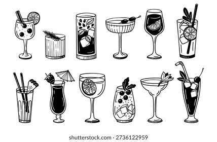 Cocktail doodle. Gin tonic, mojito and margarita, sangria and long island, martini glasses and citrus for bar menu, party and cafe, restaurant design. Hand drawn drink, beverage vector isolated set.