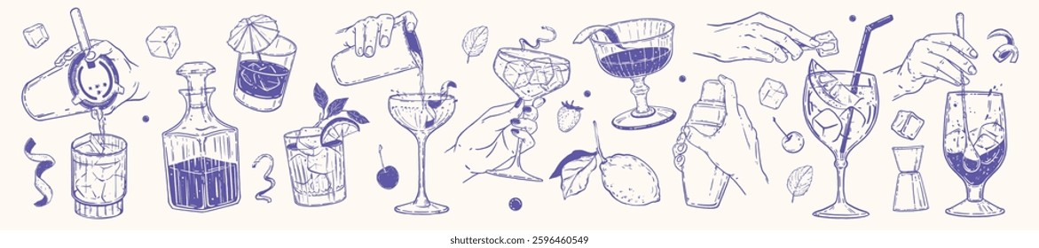 Cocktail doodle icon set, vector hand drawn bartender hand illustration, drink making tools, shaker. Summer holiday party alcohol beverage glasses, ice cube menu design print. Cocktail doodle graphic