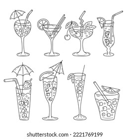 Cocktail doodle set. Hand drawn outline bar drinks. 