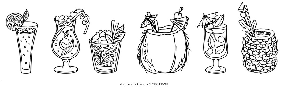 Cocktail-Doodle mit Lemonade Mojito, Sex am Strand, Strawberry Mint Cocktail, Coconut und Ananas Cocktails. Vektor-Darstellung isoliert auf weißem Hintergrund für Paket- oder Menüdesign