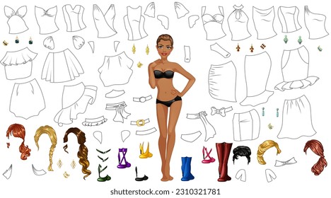 Cocktail Dress Design Coloring Page Paper Doll with Clothes, Hairstyles and Accessories. Vector Illustration