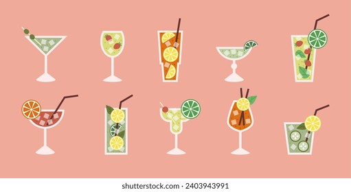 Cocktail drink alcohol. Glass aperitif, orange spritz, cosmopolitan, margarita menu isolated elements, summer bar, martini, mojito party, liquor coffee, minimal, fruit. Vector geometric tidy party