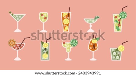 Cocktail drink alcohol. Glass aperitif, orange spritz, cosmopolitan, margarita menu isolated elements, summer bar, martini, mojito party, liquor coffee, minimal, fruit. Vector geometric tidy party