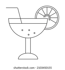 Cocktail Drink bubbles Glass Orange tubule Vector. Black and white. White background. Line drawing.